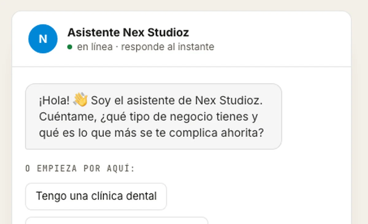 El asistente de IA de Nex Studioz contestando en el sitio